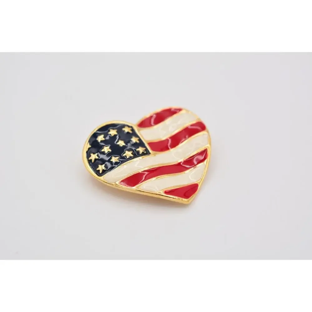 Vintage USA Heart Flag Pin Brooch American Red White Blue Gold Tone 1990s BinAT